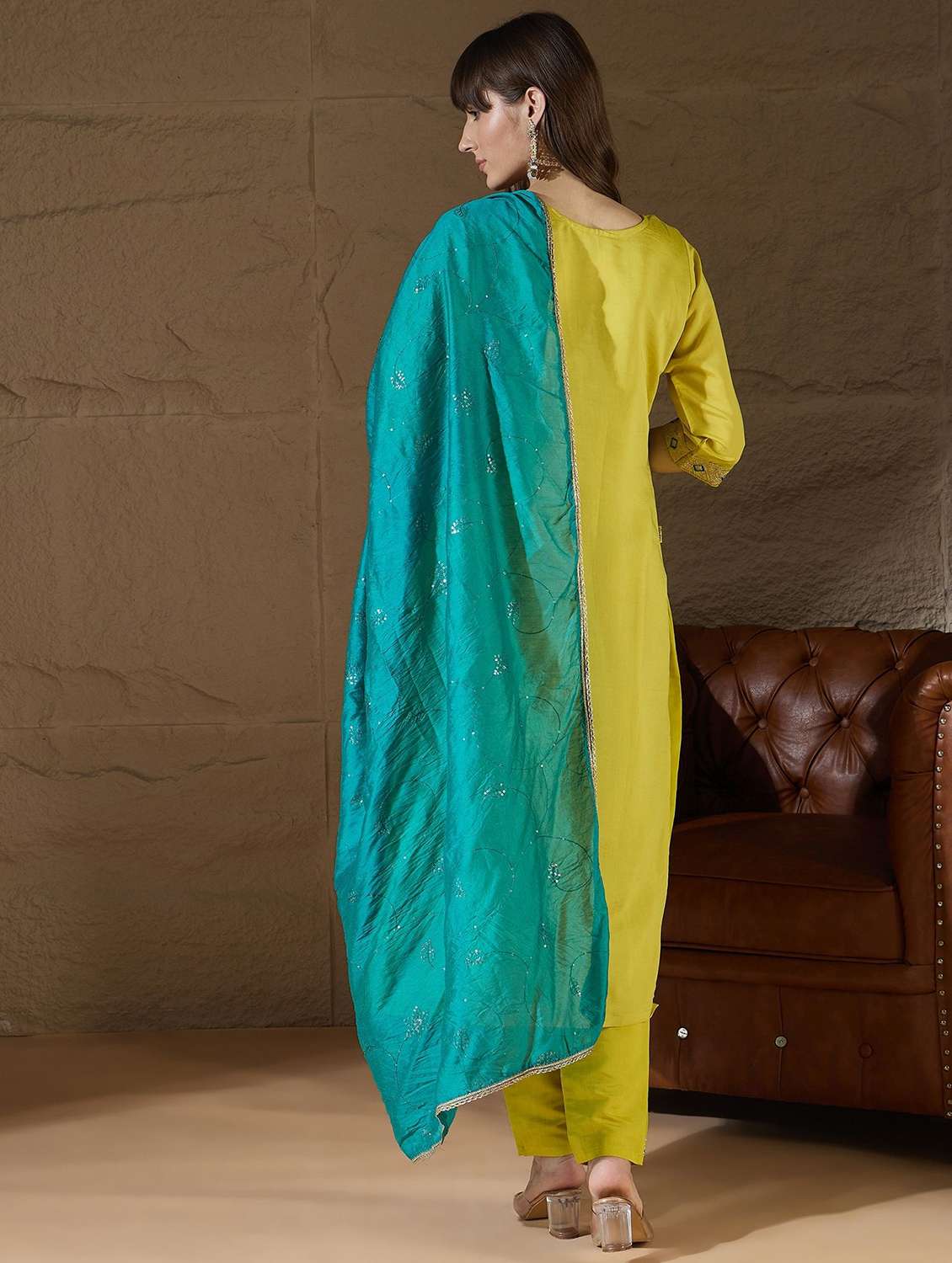 women solid with work three quarter sleeve kurta pant with dupatta set - 22322456 -  Standard Image - 2