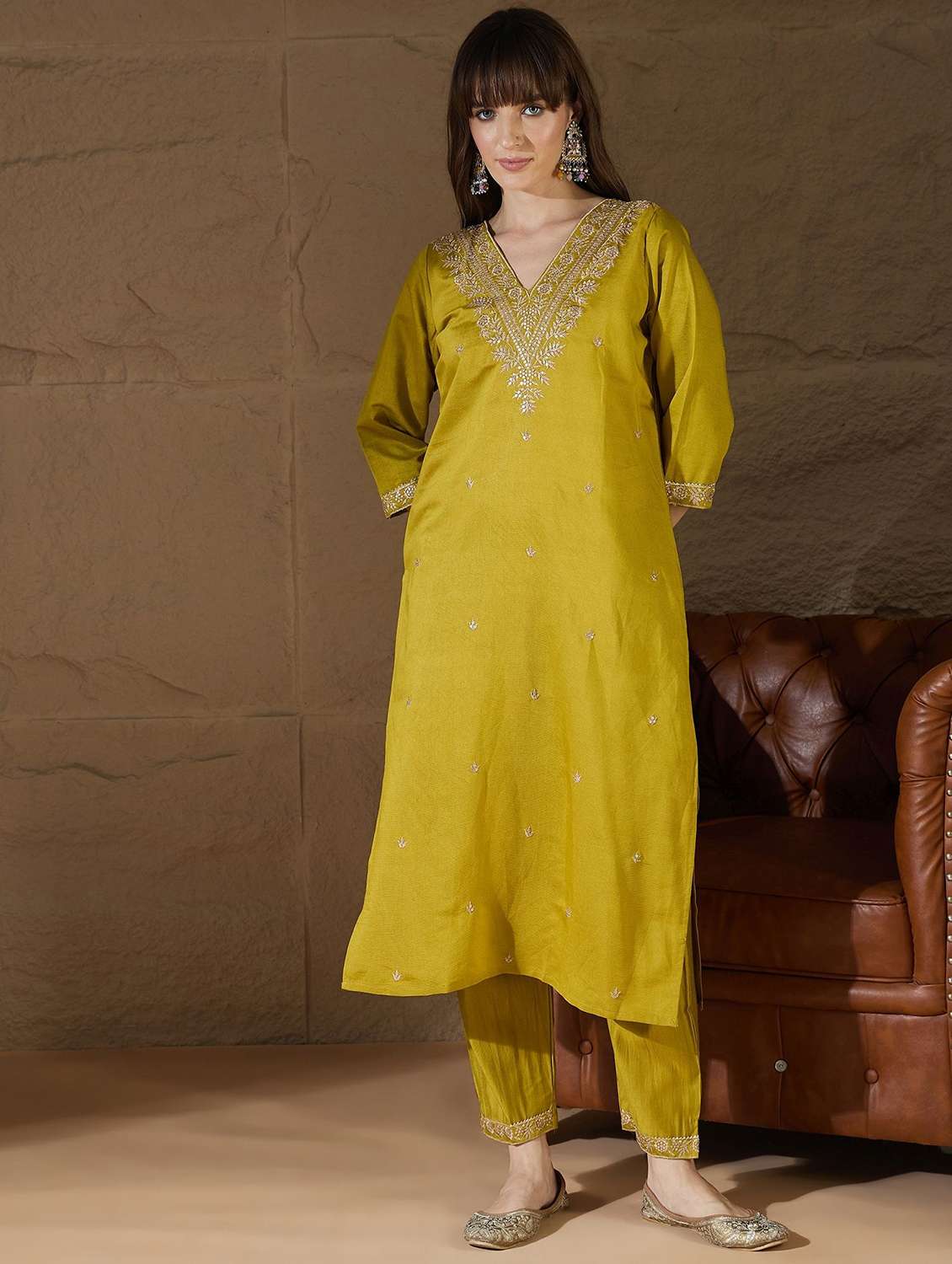 women solid with work three quarter sleeve kurta pant with dupatta set - 22322468 -  Standard Image - 2