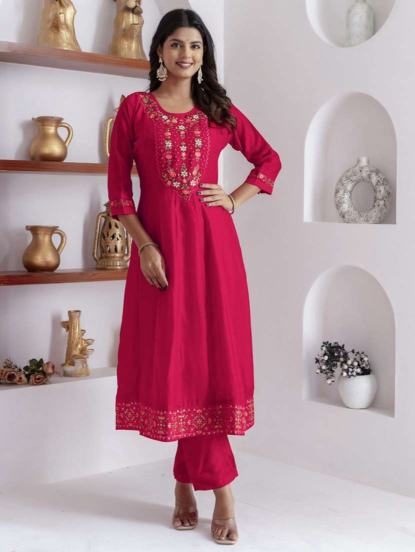 women solid with work three quarter sleeve kurta pant with dupatta set - 22322469 -  Standard Image - 2