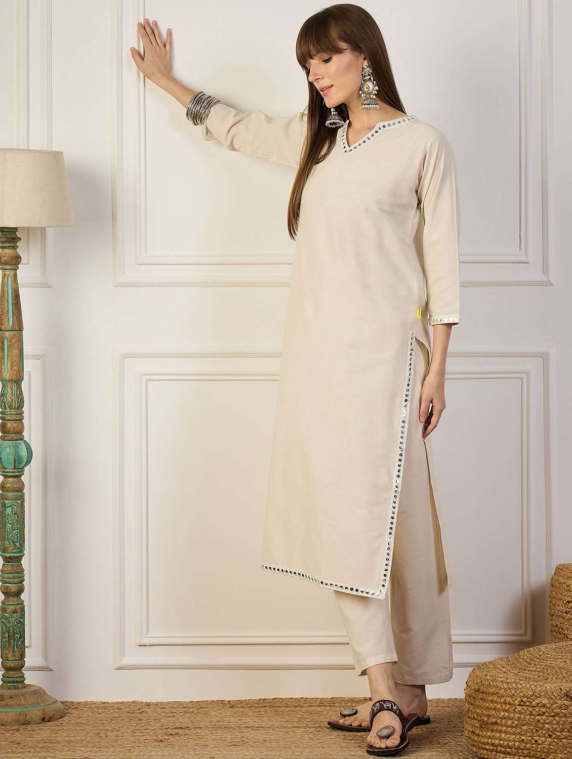 women solid three quarter sleeve kurta pant set - 22322475 -  Standard Image - 2