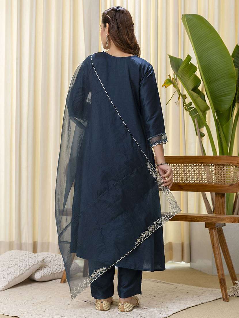 women solid with work three quarter sleeve kurta pant with dupatta set - 22322479 -  Standard Image - 2