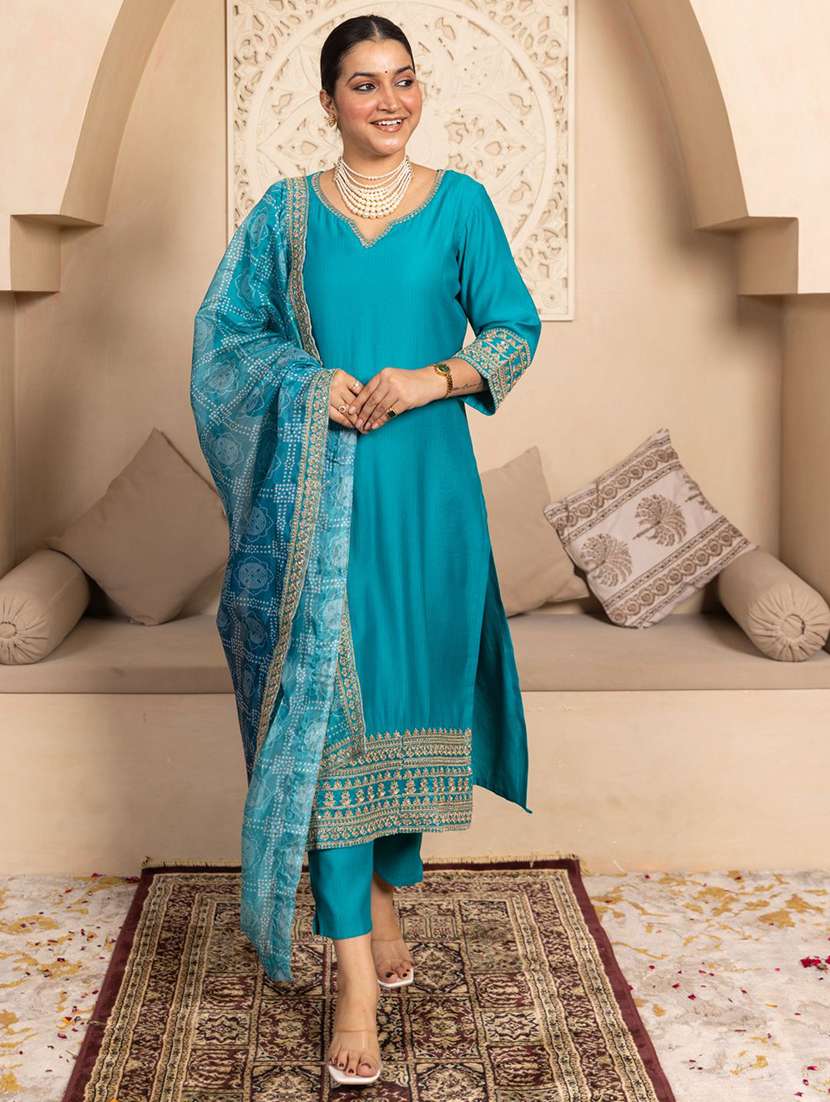 women solid with work three quarter sleeve kurta pant with dupatta set - 22322489 -  Standard Image - 2