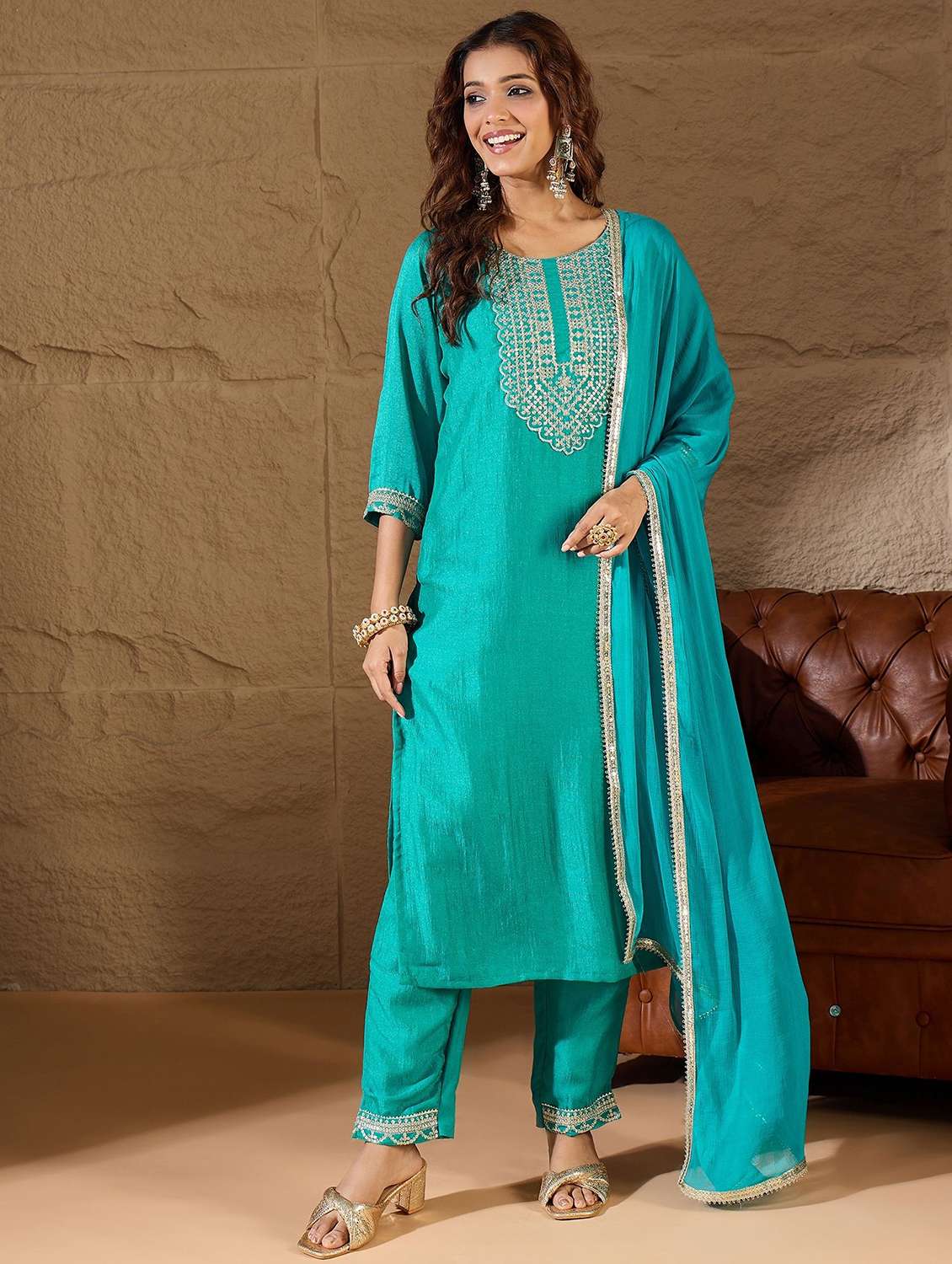 women solid with work three quarter sleeve kurta pant with dupatta set
