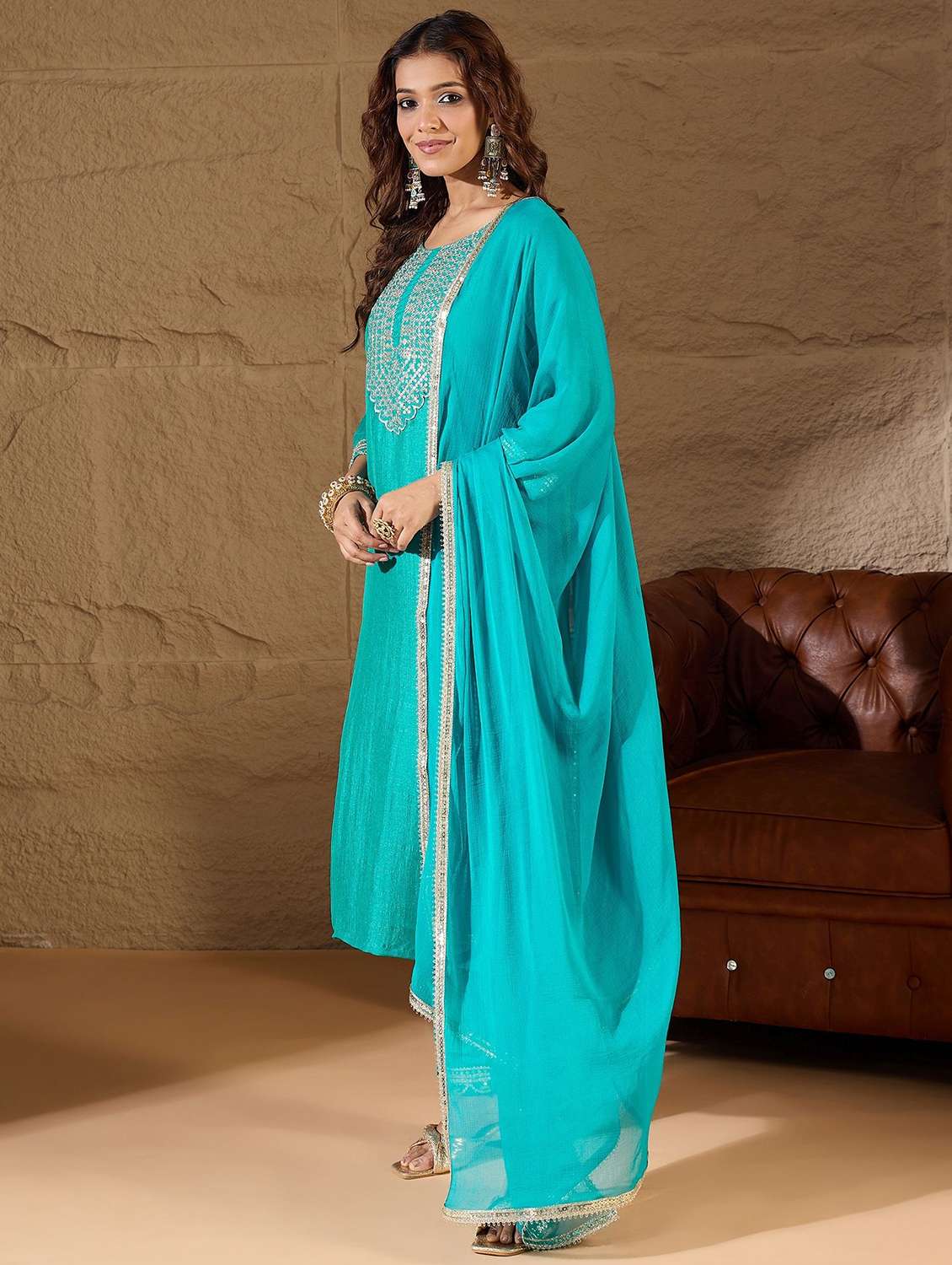 women solid with work three quarter sleeve kurta pant with dupatta set - 22322491 -  Standard Image - 2