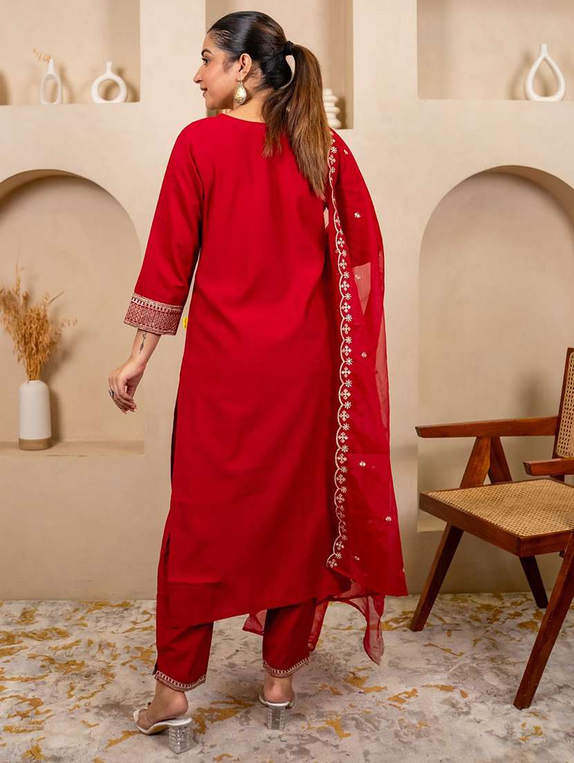 women solid with work three quarter sleeve kurta pant with dupatta set - 22322502 -  Standard Image - 2