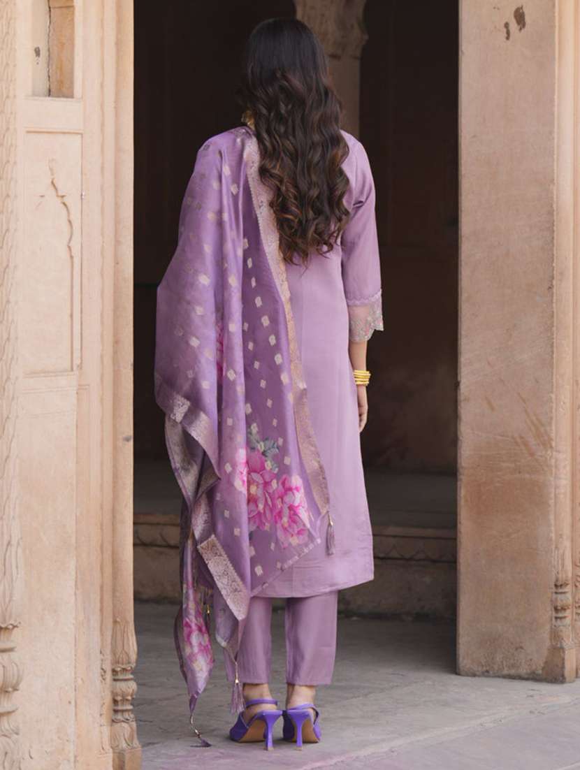 Women Solid With Work Three Quarter Sleeve Kurta Pant With Dupatta Set - 22322503 -  Standard Image - 2