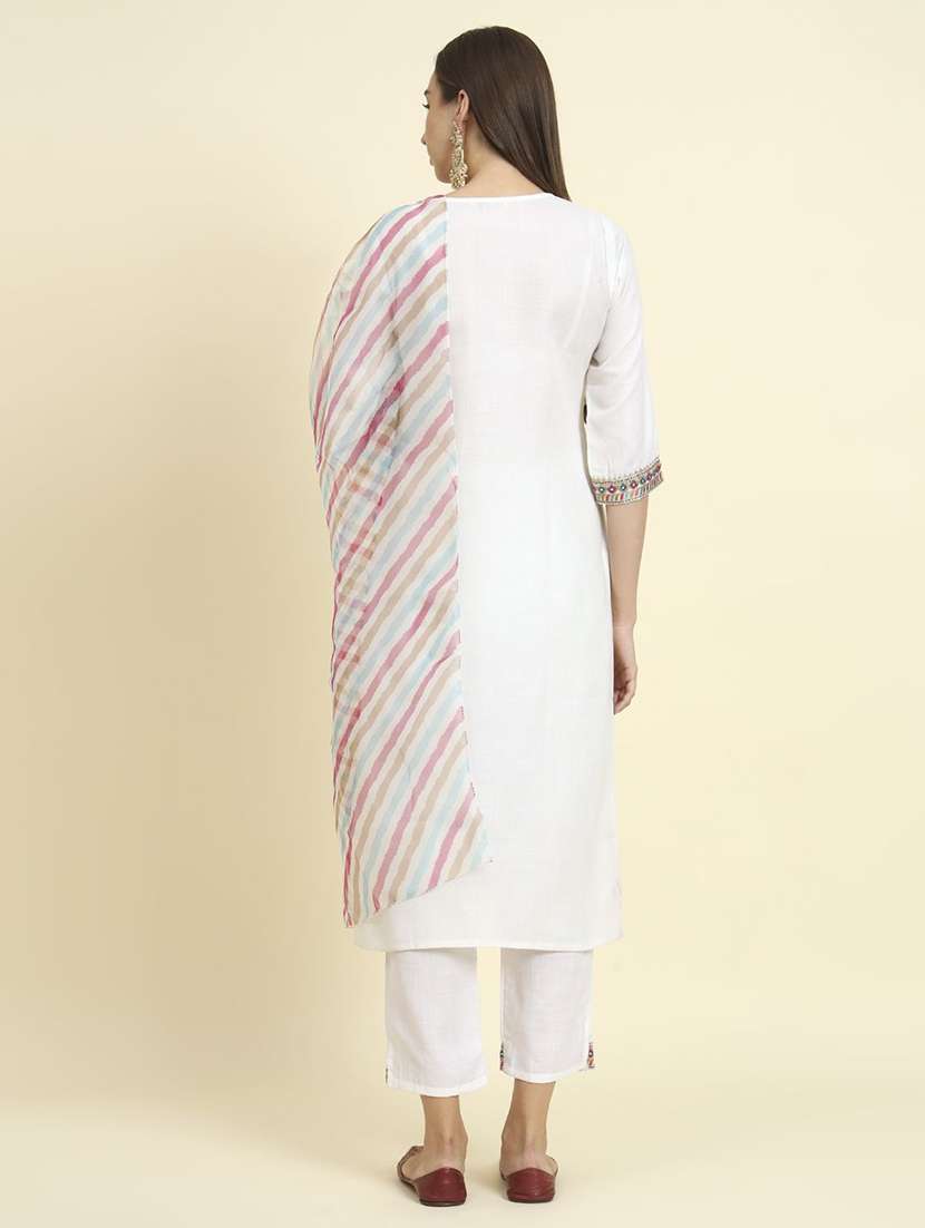 women solid with work three quarter sleeve kurta pant with dupatta set - 22322506 -  Standard Image - 2