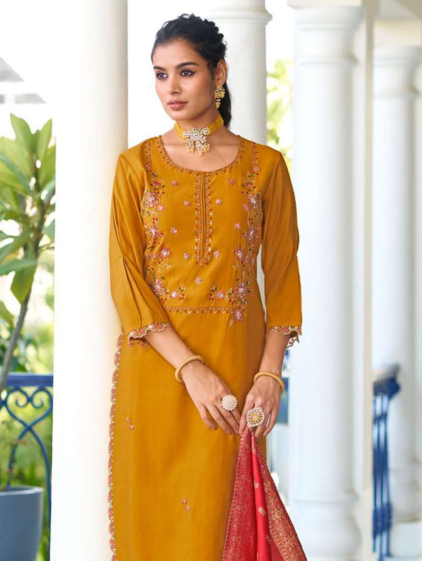 Women Solid With Work Three Quarter Sleeve Kurta Pant With Dupatta Set - 22322509 -  Standard Image - 2