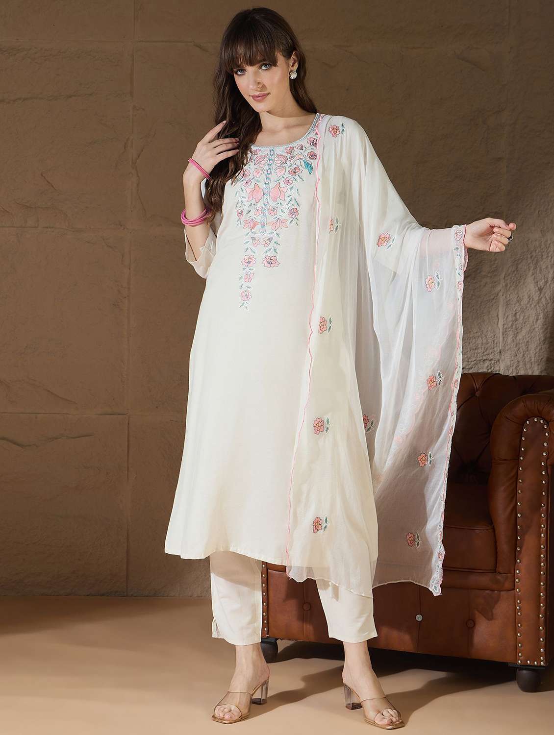 women solid with work three quarter sleeve kurta pant with dupatta set