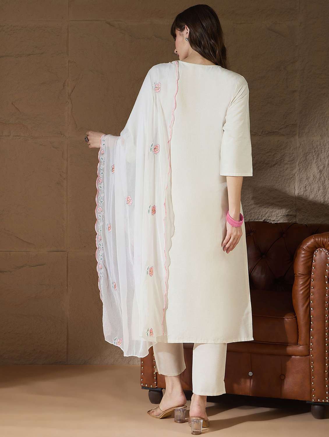 women solid with work three quarter sleeve kurta pant with dupatta set - 22322511 -  Standard Image - 2