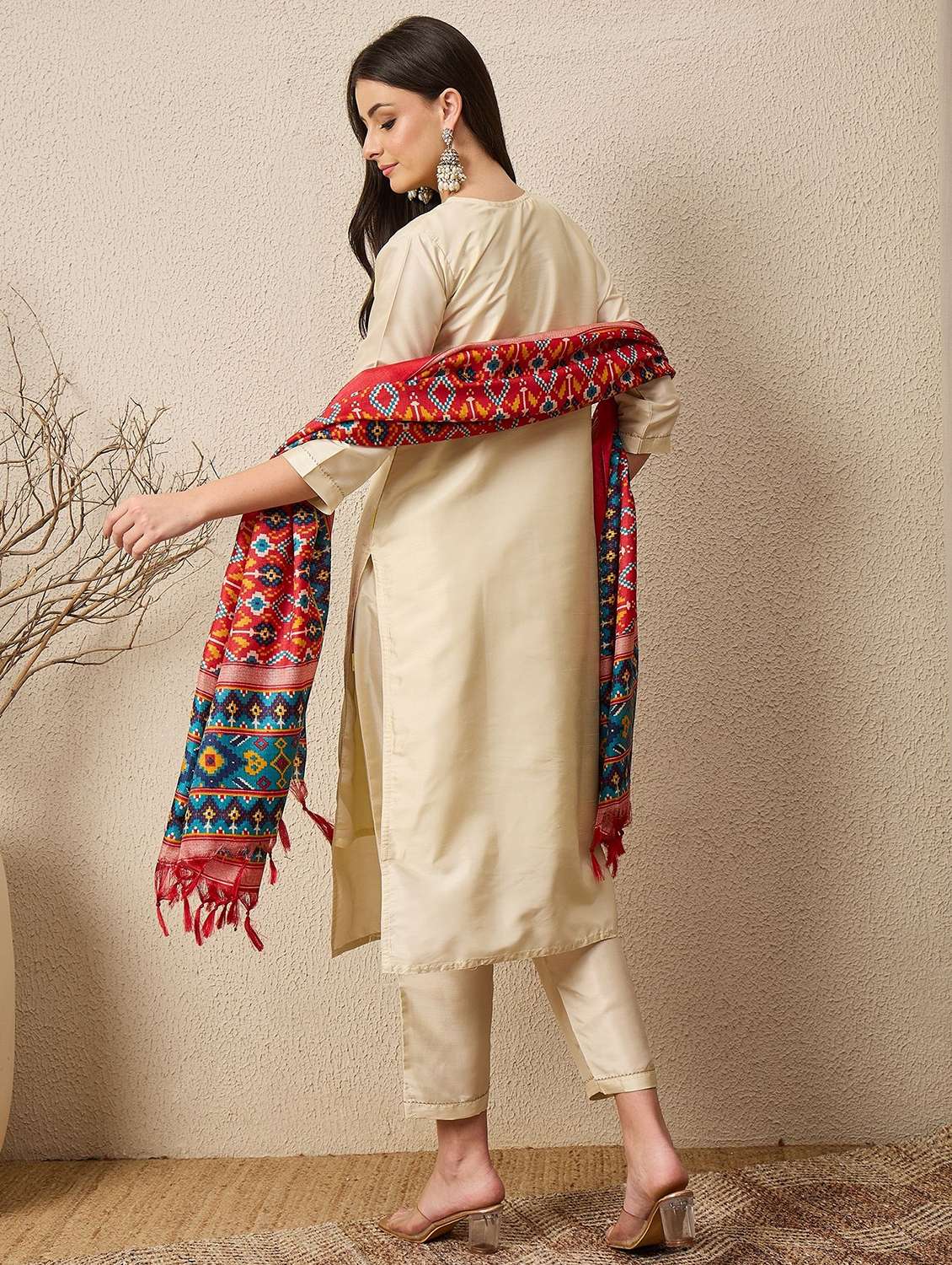 women solid with work three quarter sleeve kurta pant with dupatta set - 22322515 -  Standard Image - 2