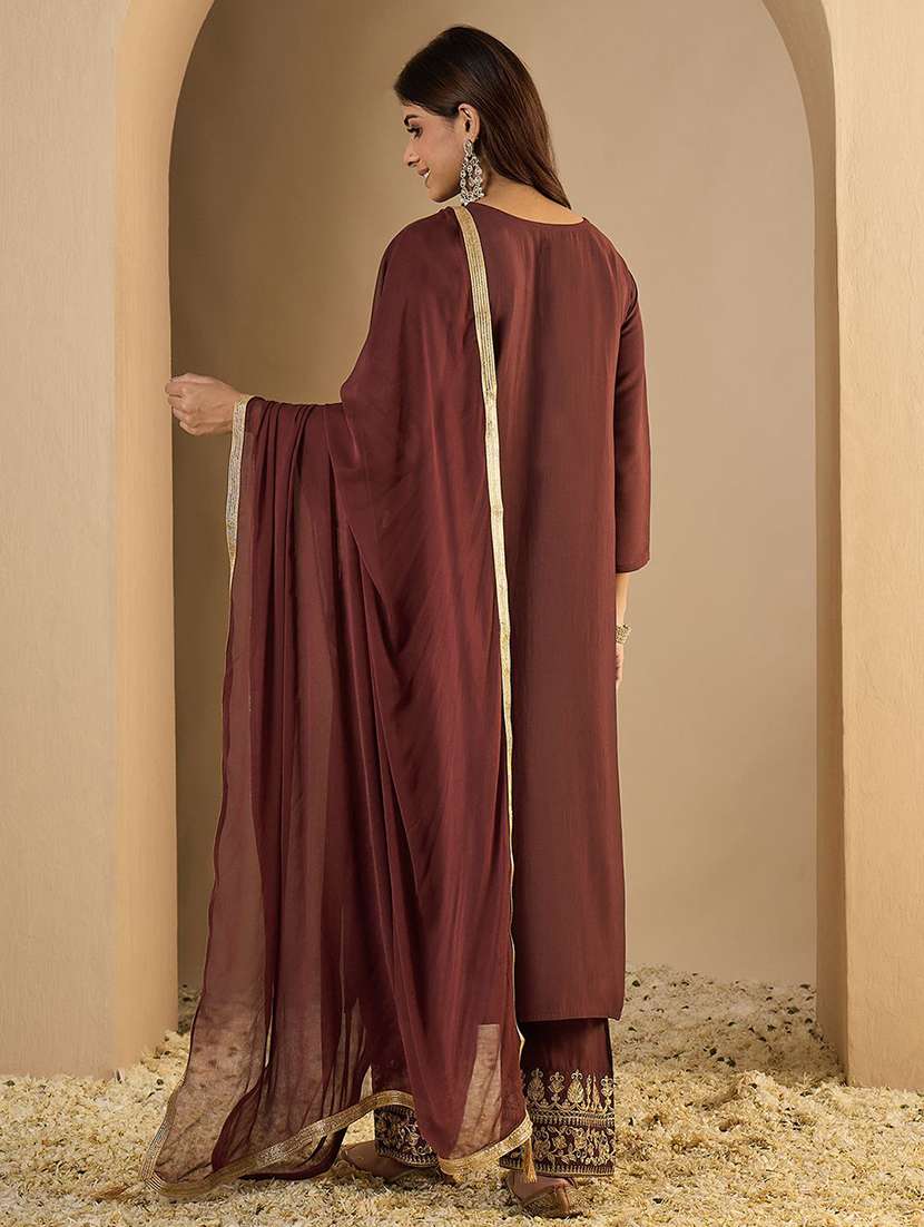 Women Solid With Work Three Quarter Sleeve Kurta Pant With Dupatta Set - 22322519 -  Standard Image - 2