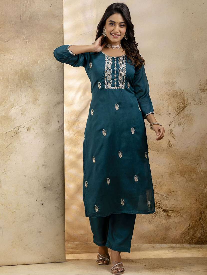 women solid with work three quarter sleeve kurta pant with dupatta set - 22322528 -  Standard Image - 2