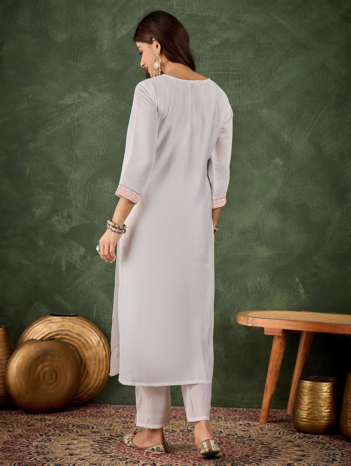 women solid with work three quarter sleeve kurta pant with dupatta set - 22322538 -  Standard Image - 2