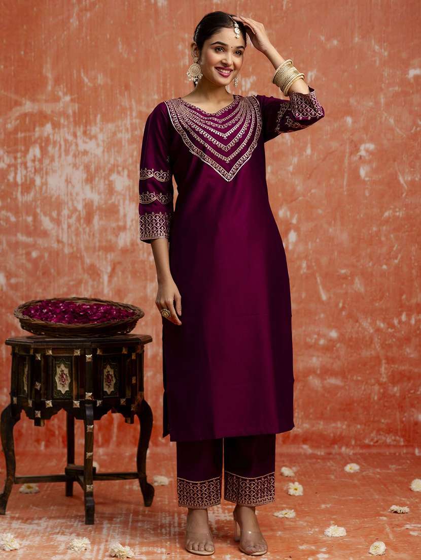 women solid with work three quarter sleeve kurta pant with dupatta set - 22322540 -  Standard Image - 2