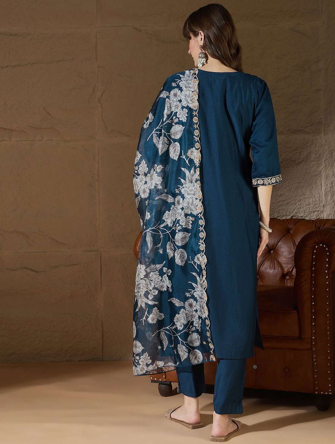women solid with work three quarter sleeve kurta pant with dupatta set - 22322545 -  Standard Image - 2
