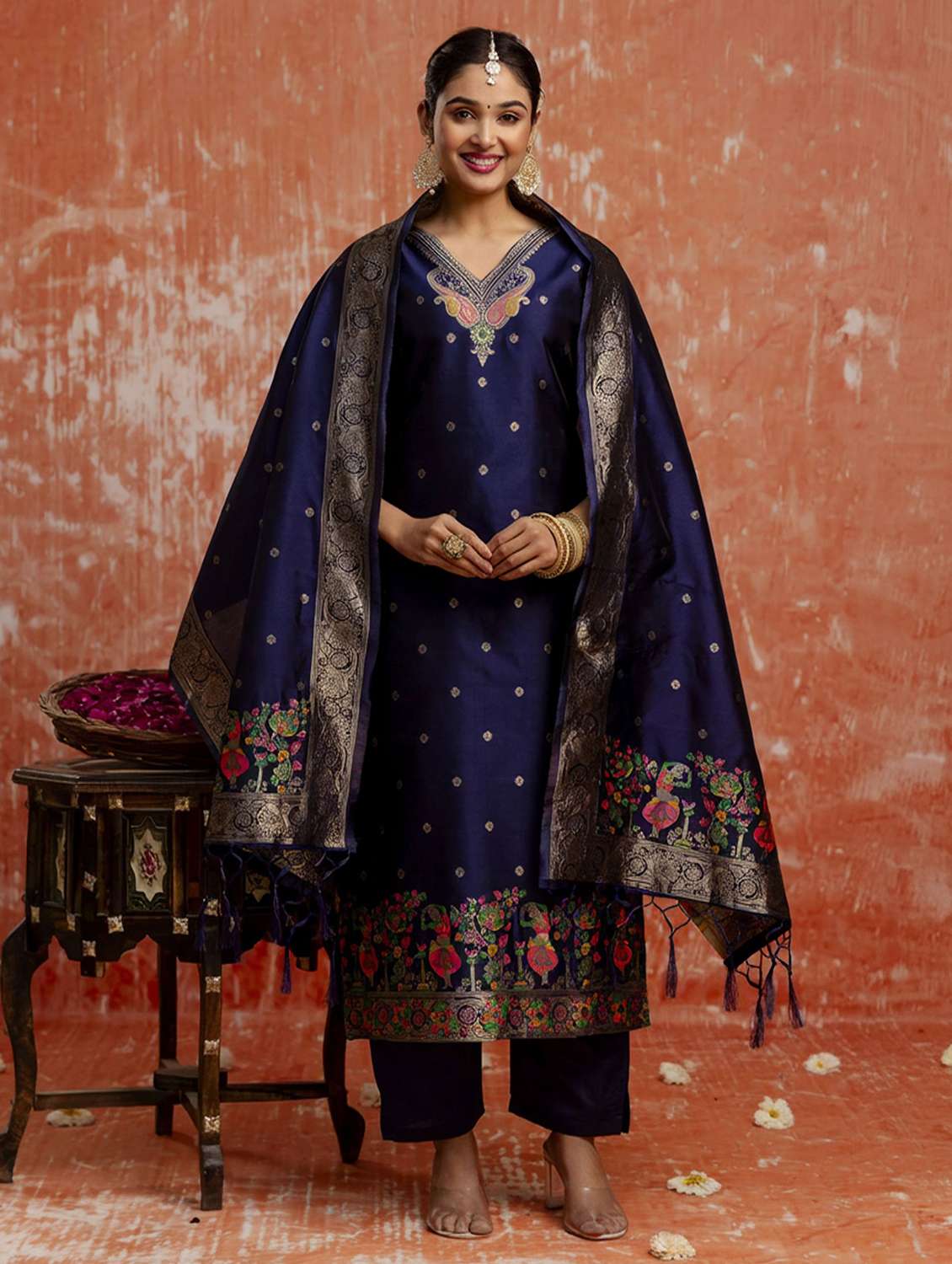 women self design three quarter sleeve kurta pant with dupatta set