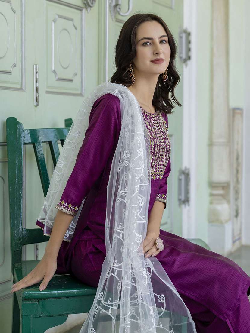 women solid with work three quarter sleeve kurta pant with dupatta set - 22322561 -  Standard Image - 2