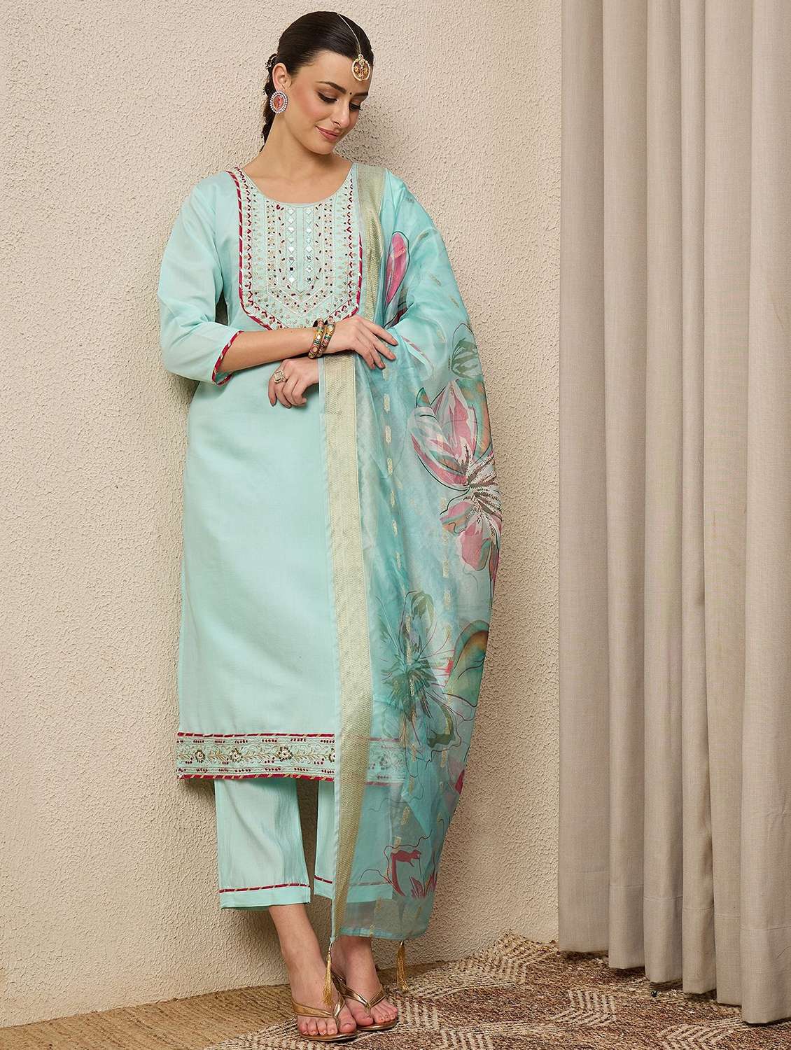women solid with work three quarter sleeve kurta pant with dupatta set - 22322564 -  Standard Image - 2