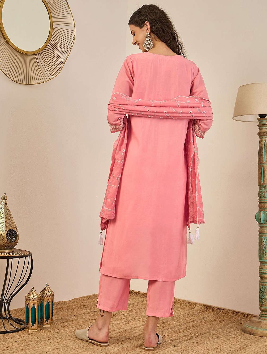 women solid with work three quarter sleeve kurta pant with dupatta set - 22322565 -  Standard Image - 2