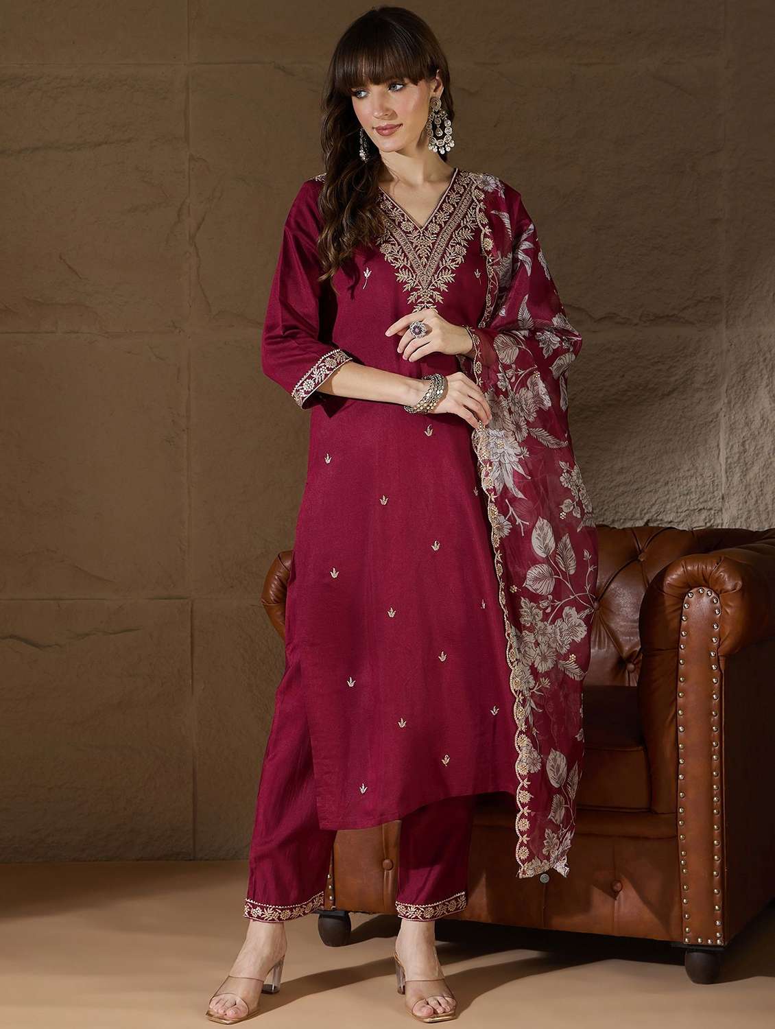 women solid with work three quarter sleeve kurta pant with dupatta set