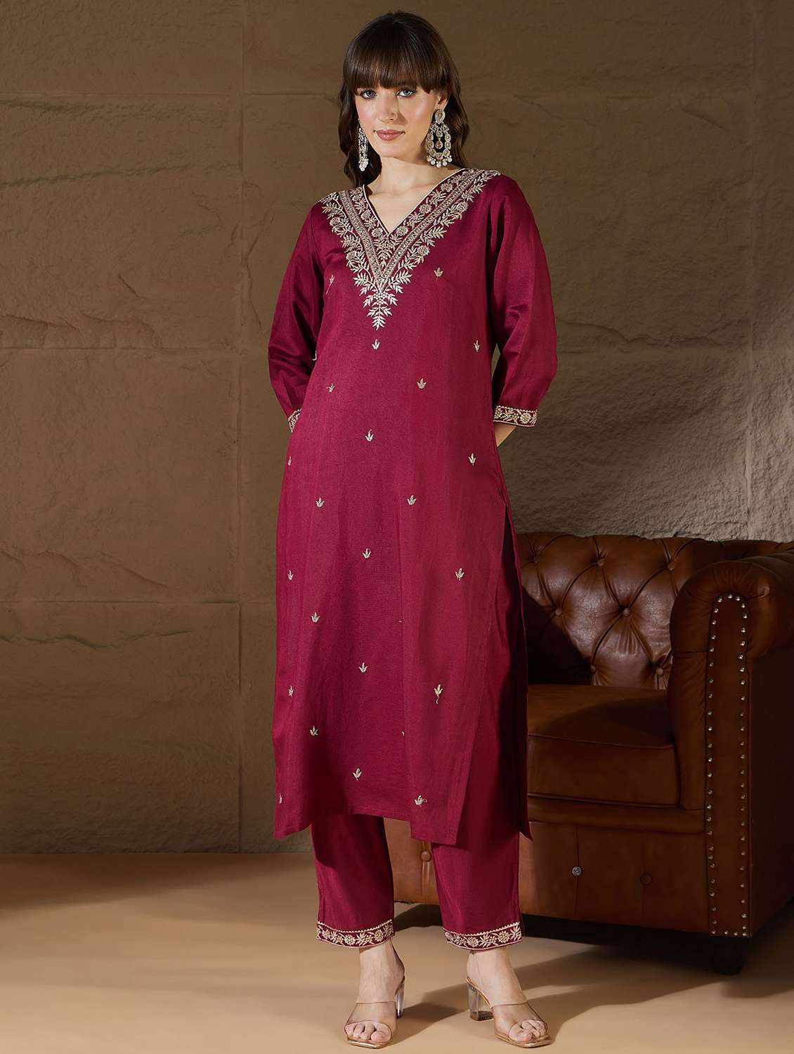 women solid with work three quarter sleeve kurta pant with dupatta set - 22322571 -  Standard Image - 2