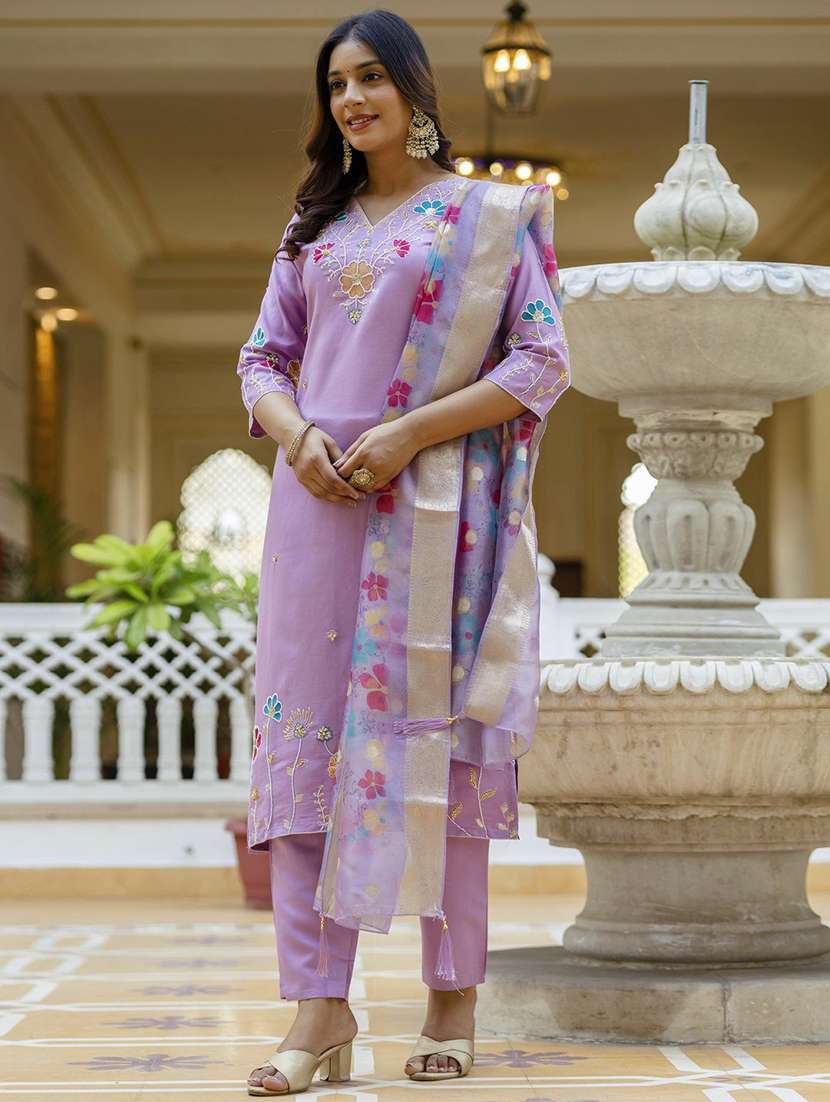 women solid with work three quarter sleeve kurta pant with dupatta set - 22322572 -  Standard Image - 2