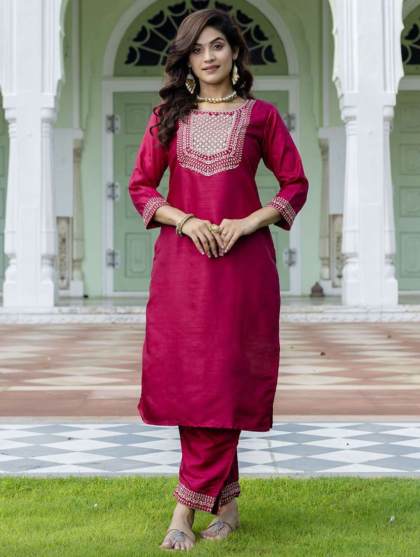 women solid with work three quarter sleeve kurta pant with dupatta set - 22322577 -  Standard Image - 2