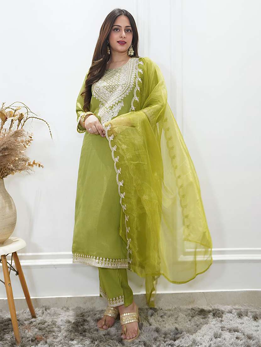 women solid with work three quarter sleeve kurta pant with dupatta set - 22322580 -  Standard Image - 2