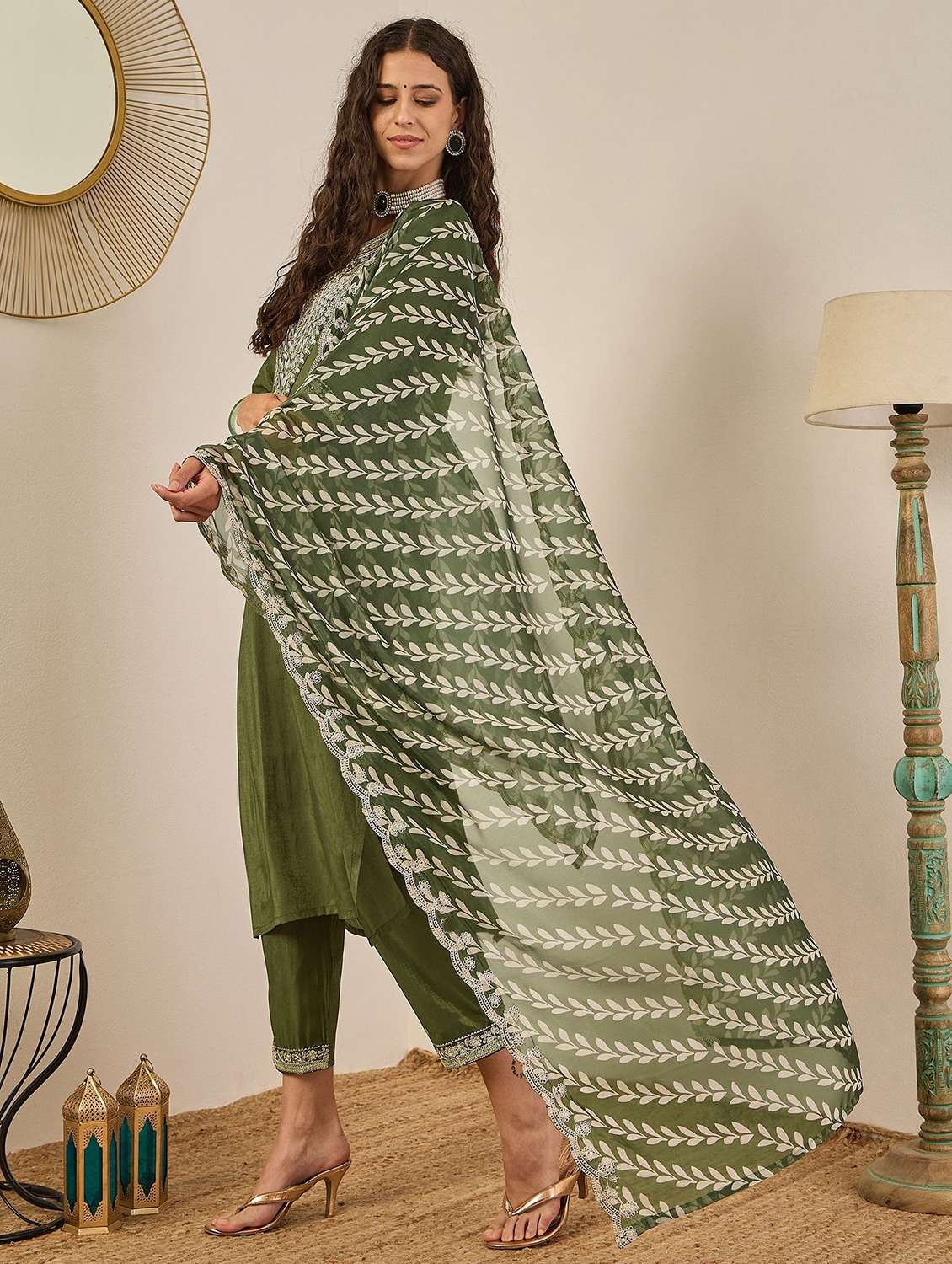 women solid with work three quarter sleeve kurta pant with dupatta set - 22322581 -  Standard Image - 2