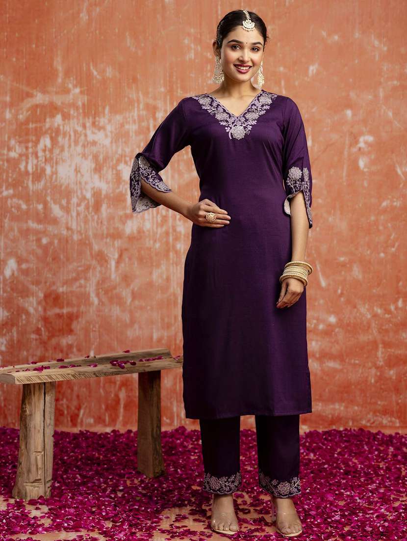 women solid with work three quarter sleeve kurta pant with dupatta set - 22322584 -  Standard Image - 2