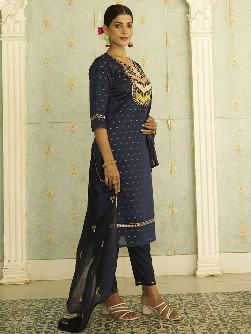 Women Self Design Three Quarter Sleeve Kurta Pant With Dupatta Set - 22322585 -  Standard Image - 2