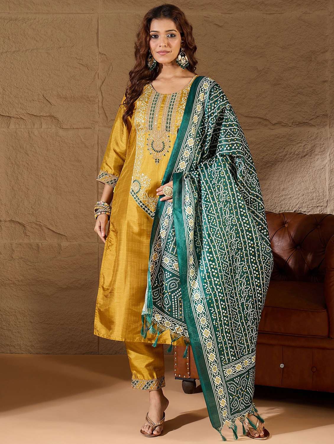 women solid with work three quarter sleeve kurta pant with dupatta set