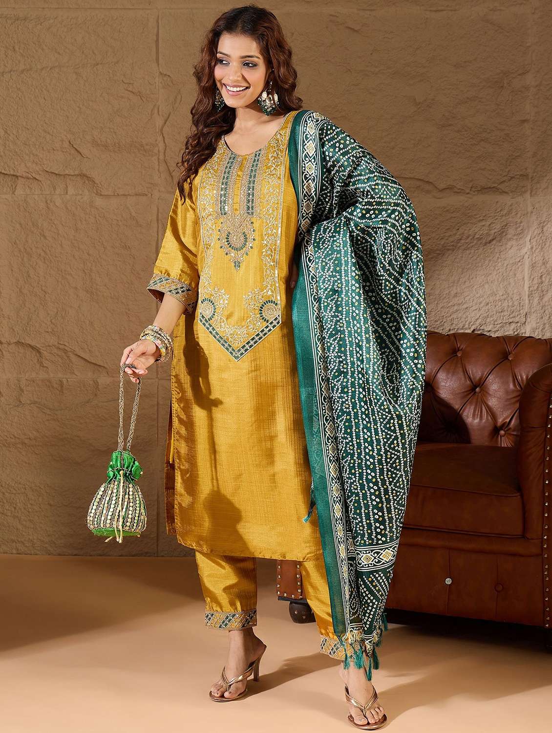 Women Solid With Work Three Quarter Sleeve Kurta Pant With Dupatta Set - 22322586 -  Standard Image - 2