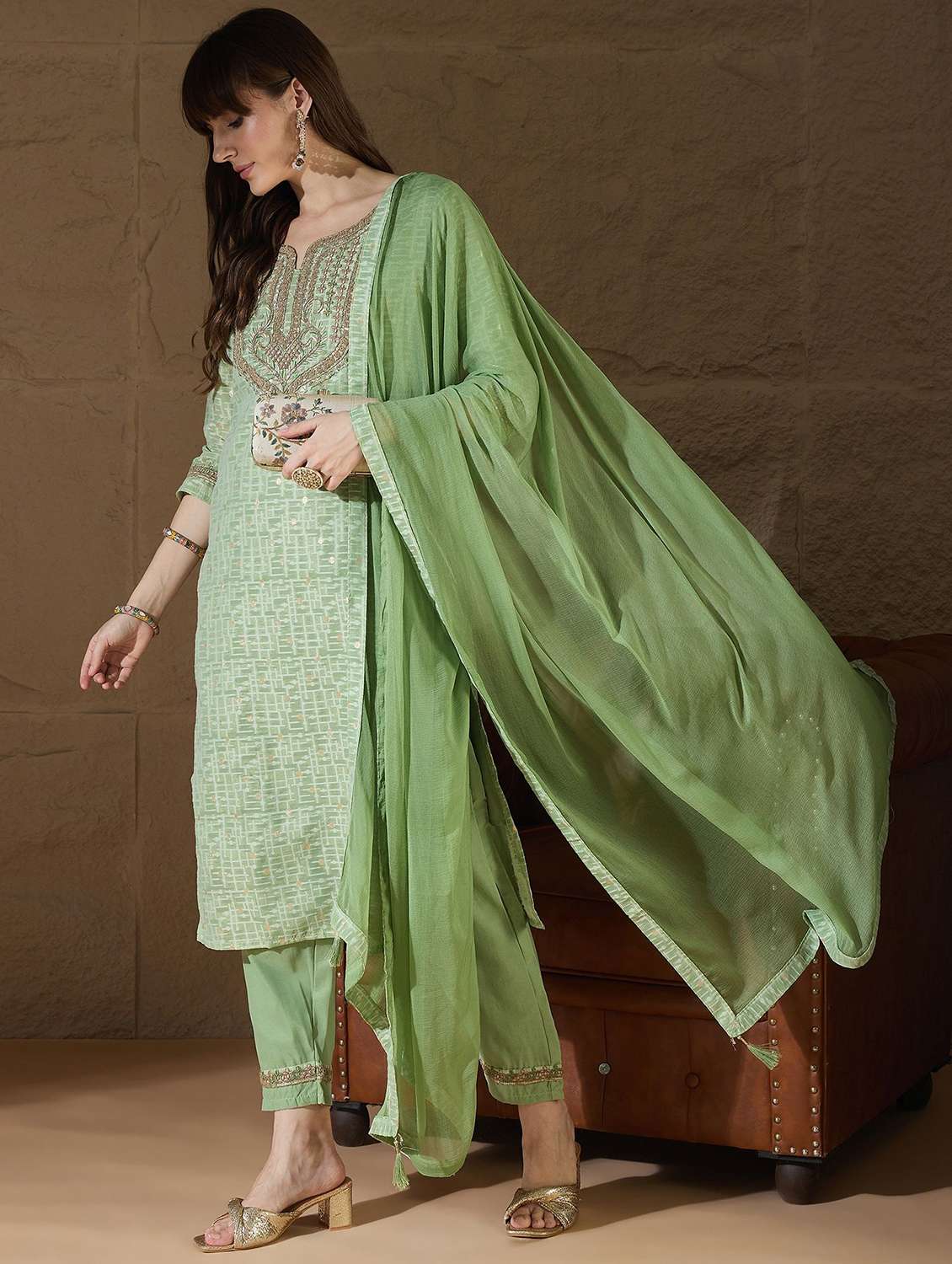 women printed three quarter sleeve kurta pant with dupatta set - 22322593 -  Standard Image - 2