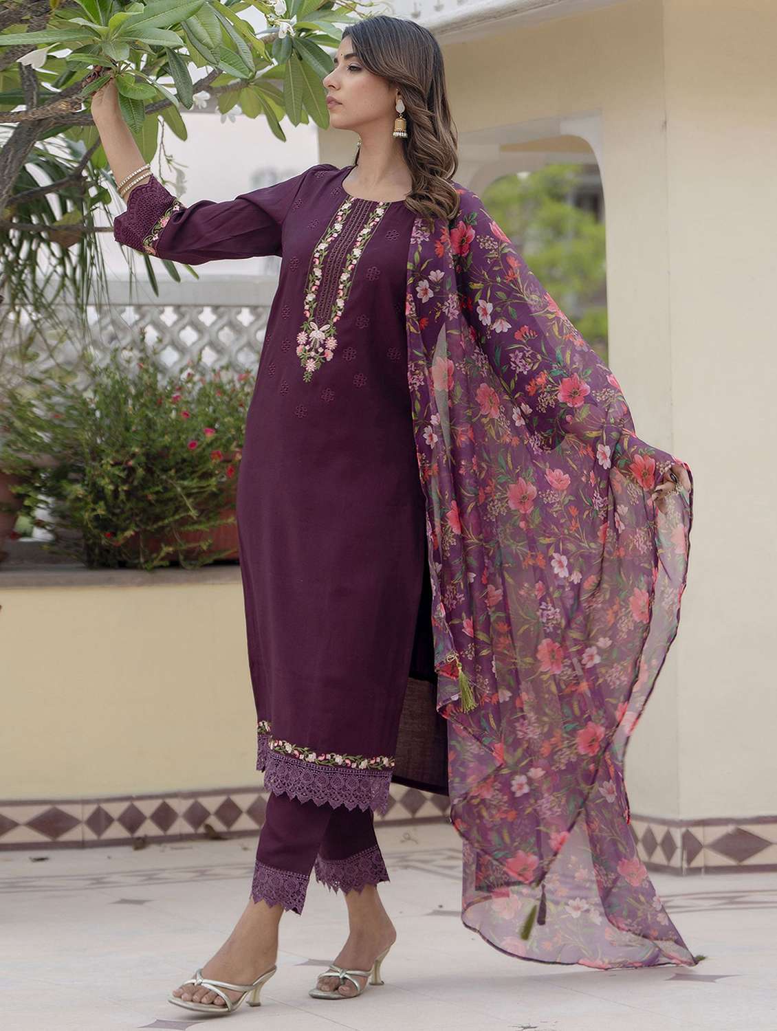 women solid with work three quarter sleeve kurta pant with dupatta set - 22322599 -  Standard Image - 2
