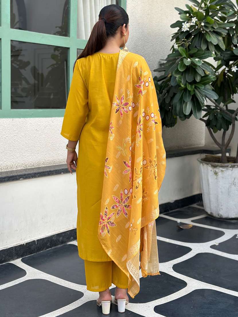 women solid with work three quarter sleeve kurta pant with dupatta set - 22322615 -  Standard Image - 2