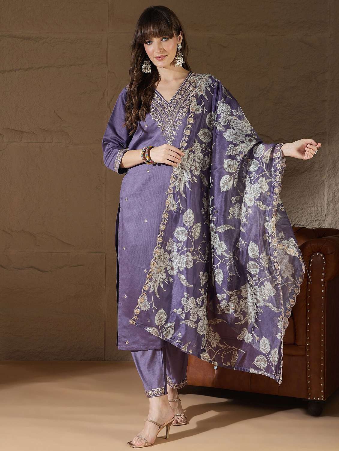women solid with work three quarter sleeve kurta pant with dupatta set