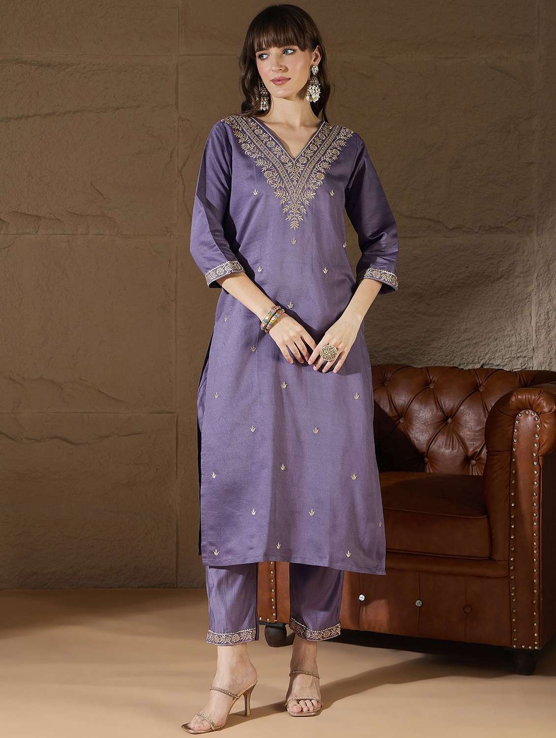 women solid with work three quarter sleeve kurta pant with dupatta set - 22322621 -  Standard Image - 2