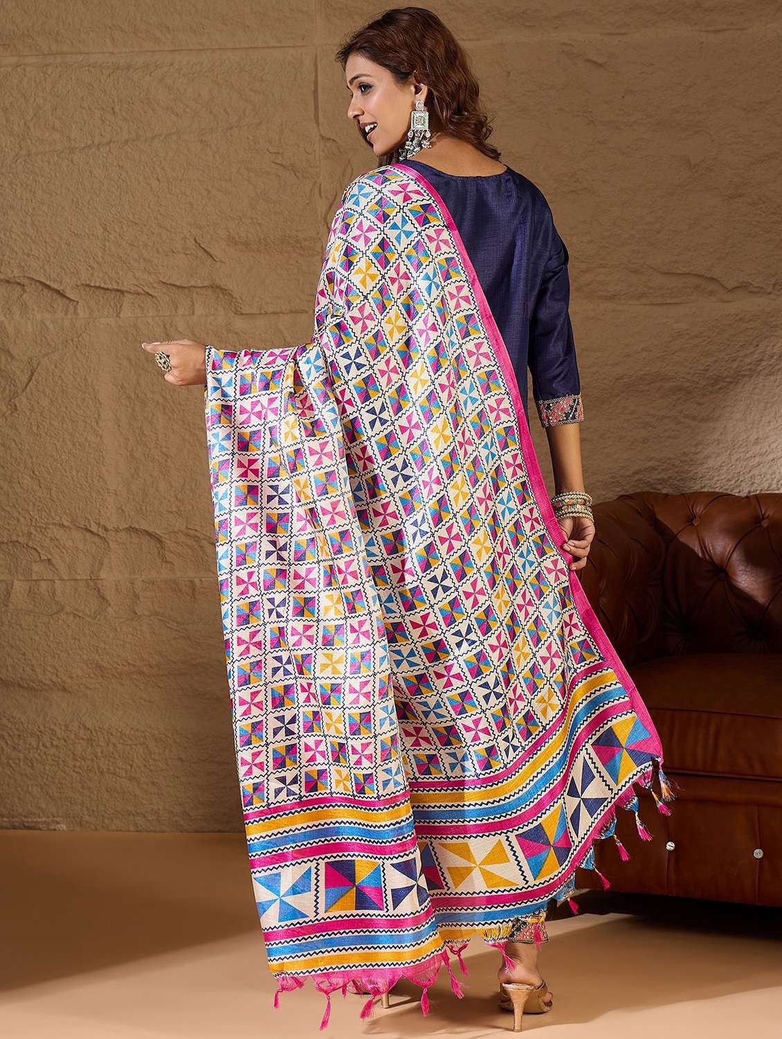 women solid with work three quarter sleeve kurta pant with dupatta set - 22322639 -  Standard Image - 2