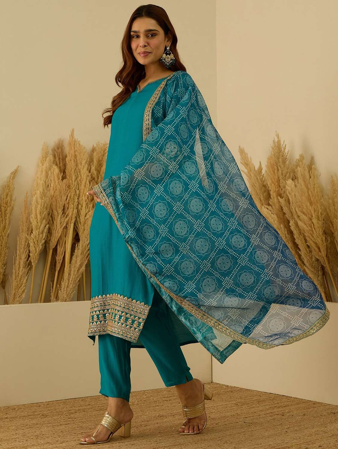 Women Solid With Work Three Quarter Sleeve Kurta Pant With Dupatta Set - 22322640 -  Standard Image - 2