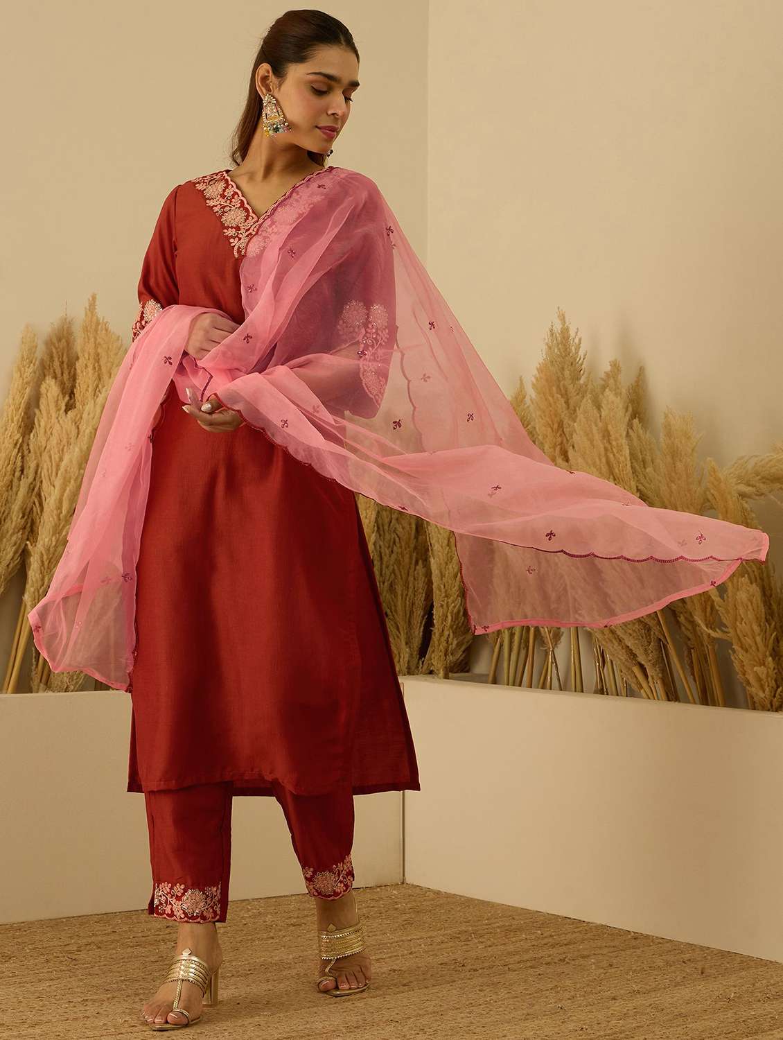 Women Solid With Work Three Quarter Sleeve Kurta Pant With Dupatta Set - 22322644 -  Standard Image - 2