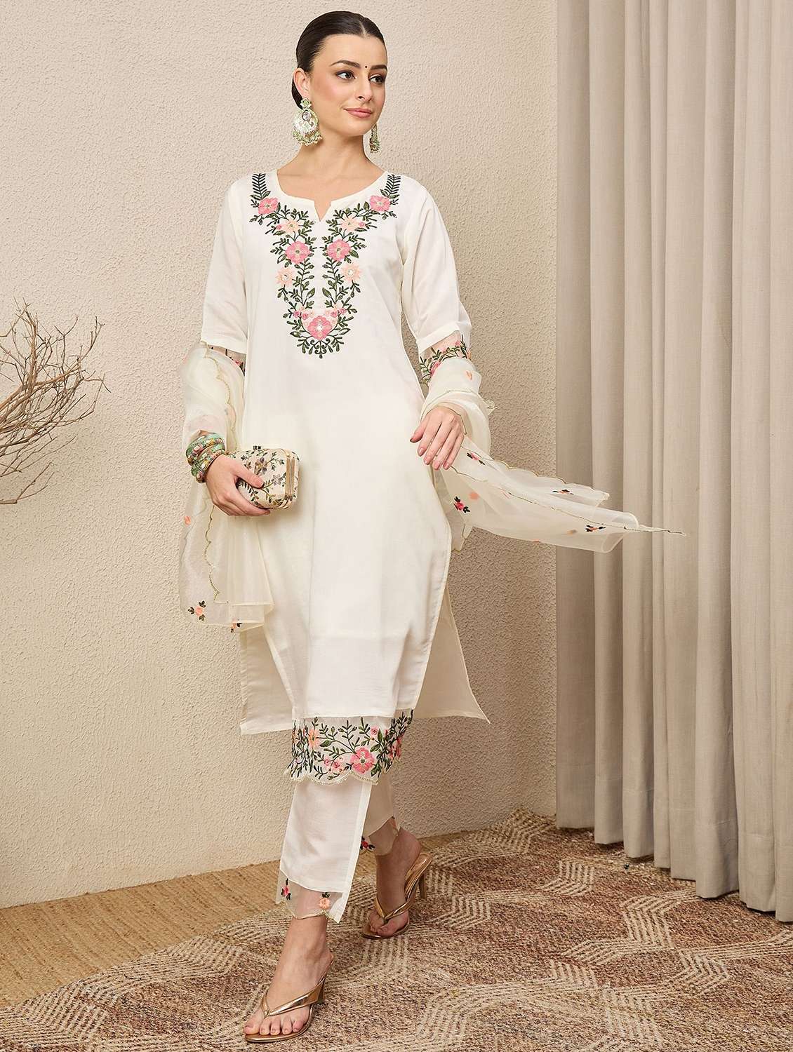 women solid with work three quarter sleeve kurta pant with dupatta set