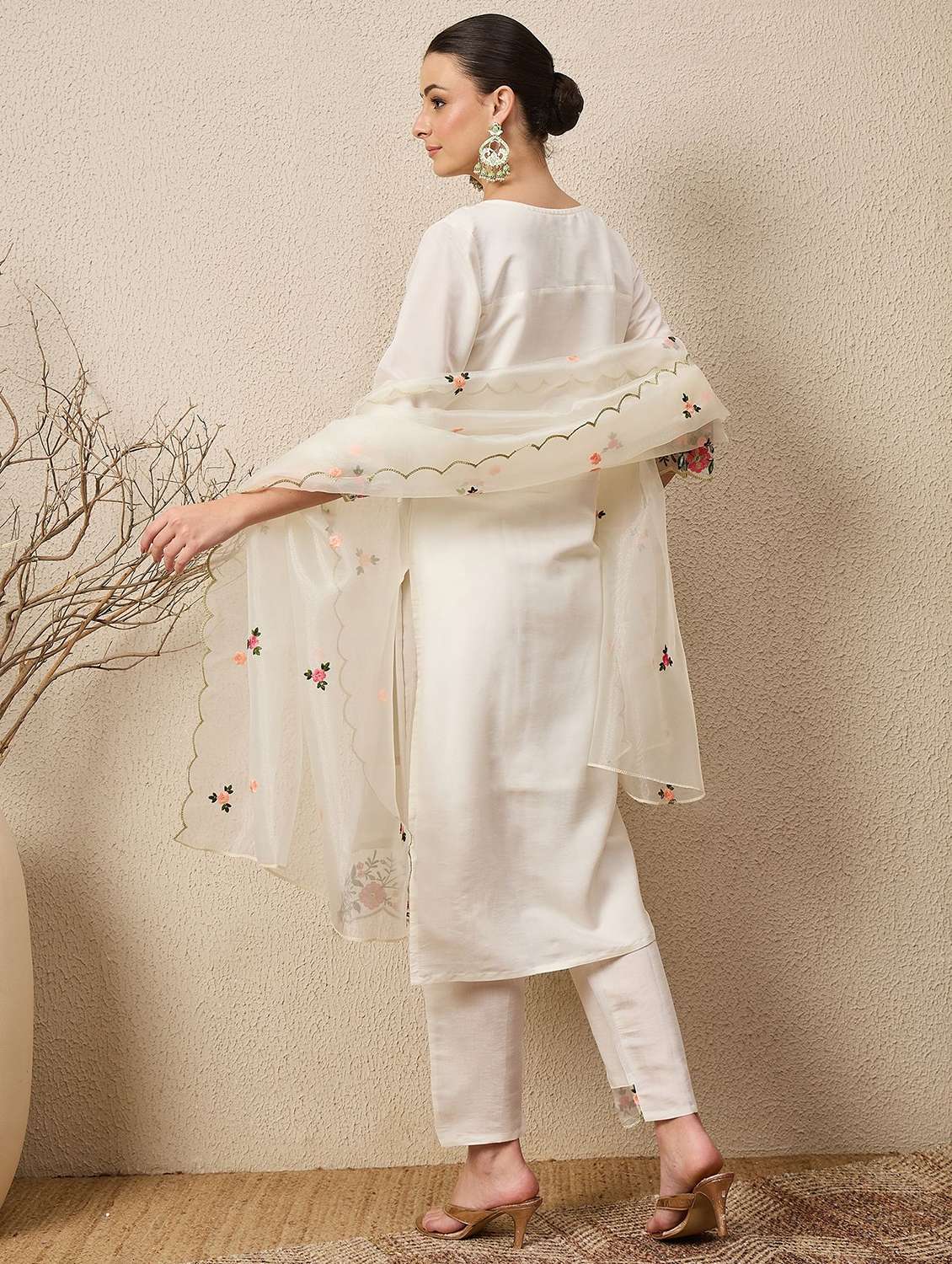 women solid with work three quarter sleeve kurta pant with dupatta set - 22322655 -  Standard Image - 2