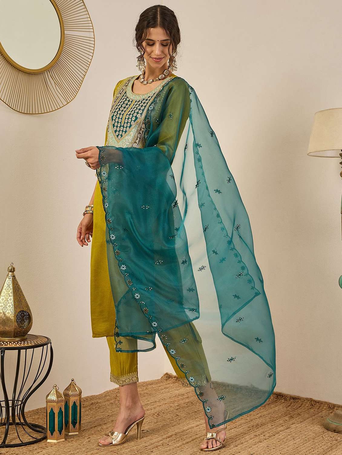 women solid with work three quarter sleeve kurta pant with dupatta set - 22322659 -  Standard Image - 2