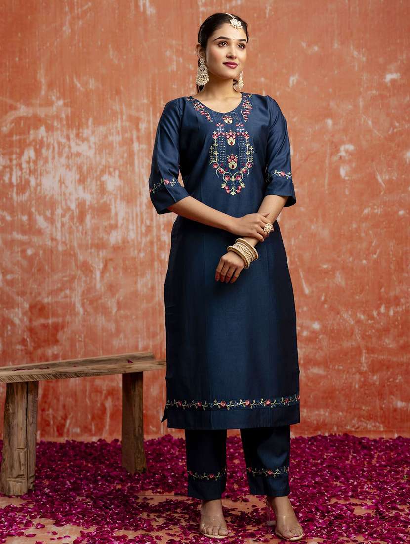 women solid with work three quarter sleeve kurta pant with dupatta set - 22322660 -  Standard Image - 2