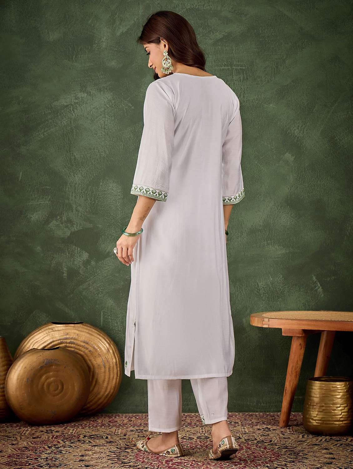women solid with work three quarter sleeve kurta pant set - 22322667 -  Standard Image - 2