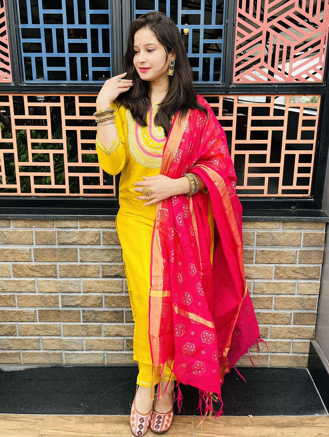women solid with work three quarter sleeve kurta pant with dupatta set