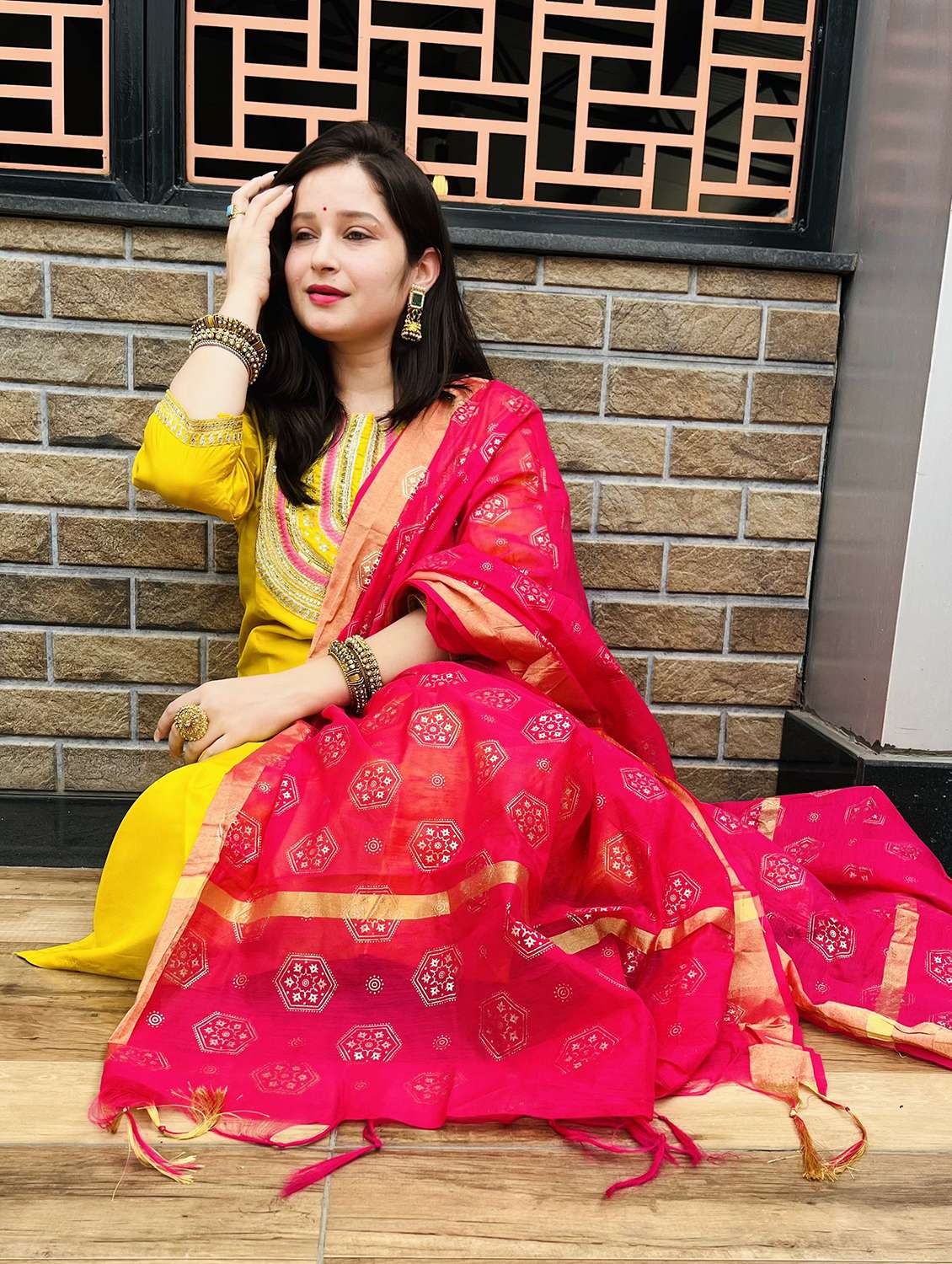 women solid with work three quarter sleeve kurta pant with dupatta set - 22322668 -  Standard Image - 2