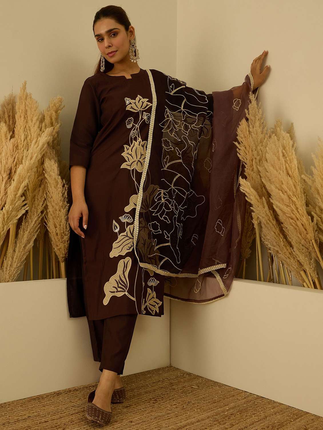 women solid with work three quarter sleeve kurta pant with dupatta set - 22322672 -  Standard Image - 2